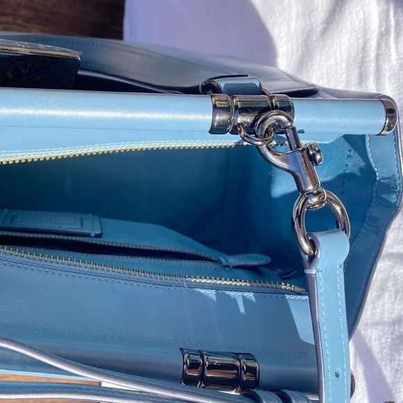 Coach NY Grace Crossbody Satchel in Striking Blue-Gray Leather with Black Edges - Picture 10 of 14